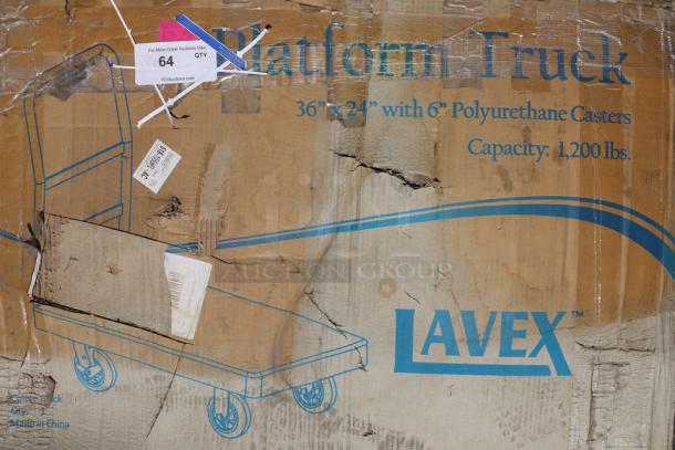 Lavex 36" x 24" Heavy Duty Platform Truck, ergonomic handle, 6" polyurethane casters, 1,200 lbs capacity, damaged packaging.