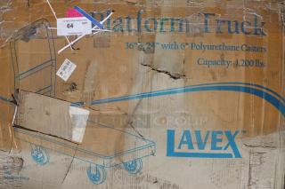 Lavex 36" x 24" Heavy Duty Platform Truck, ergonomic handle, 6" polyurethane casters, 1,200 lbs capacity, damaged packaging.