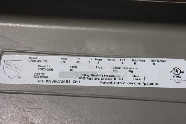 Label on Zurn Elkay EZSDWSLK Bottle Filling Station shows model, voltage, design pressure, and UL certification details.