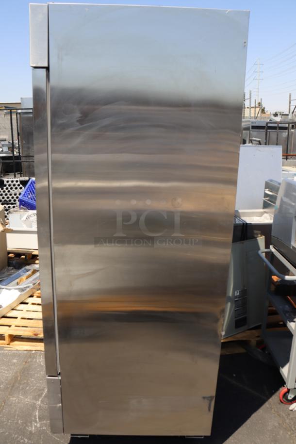 Brand new Avantco A-49R-HC 54" solid door reach-in refrigerator with slight surface scratches. Model A-49R-HC, 115V, S/N: 950483459.