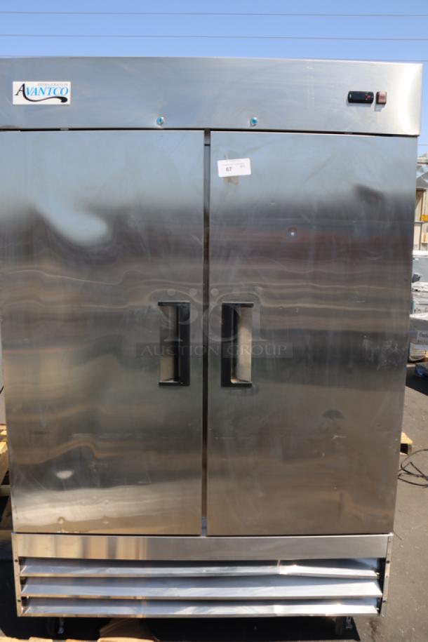 Brand new Avantco A-49R-HC 54" solid door reach-in refrigerator, stainless steel, 115V, minor scratches, model label visible.
