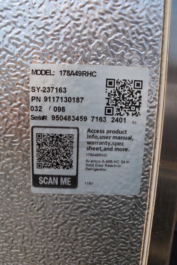 Avantco A-49R-HC fridge label showing model, serial number 950483459, voltage 115V; new with minor scratches.
