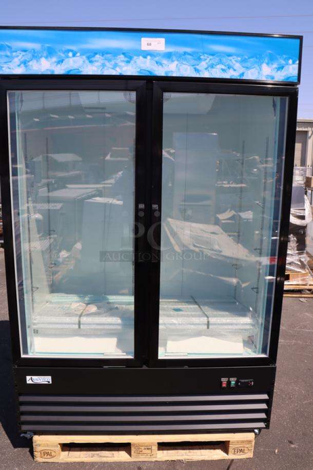 Brand new Avantco GDC-49F-HC 53" black swing glass door merchandiser freezer, LED lighting, on pallet. Serial: 166163826.