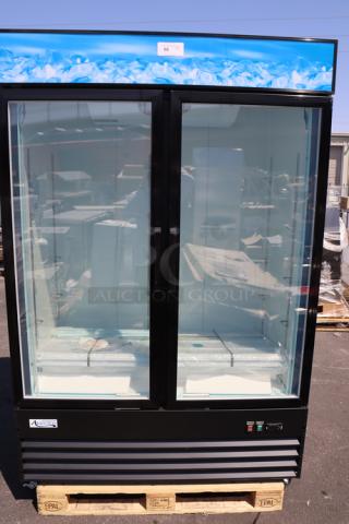 Brand new Avantco GDC-49F-HC 53" black swing glass door merchandiser freezer, LED lighting, on pallet. Serial: 166163826.