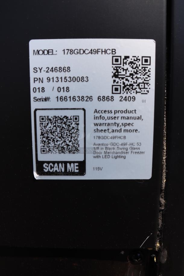 Avantco GDC-49F-HCB merchandiser freezer label showing model, serial number 166163826, and QR codes for info access.