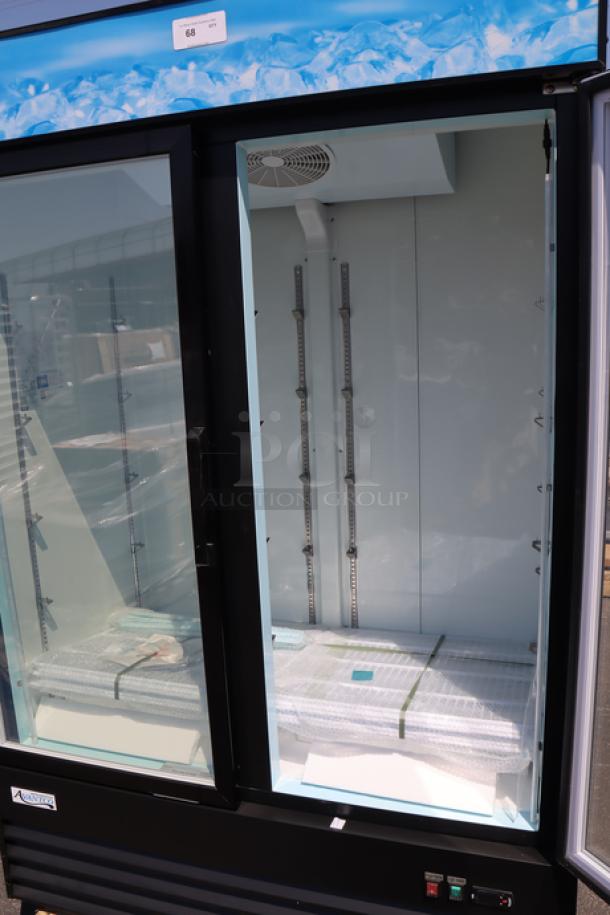 Brand new Avantco GDC-49F-HCB 53" black swing glass door merchandiser freezer, customizable, LED lighting, 115V.