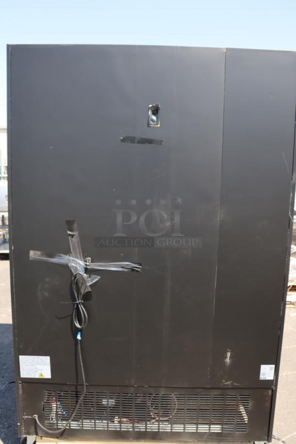 Avantco GDC-49F-HCB 53" black glass door freezer, scratch-n-dent condition, LED lighting, 115V, customizable.