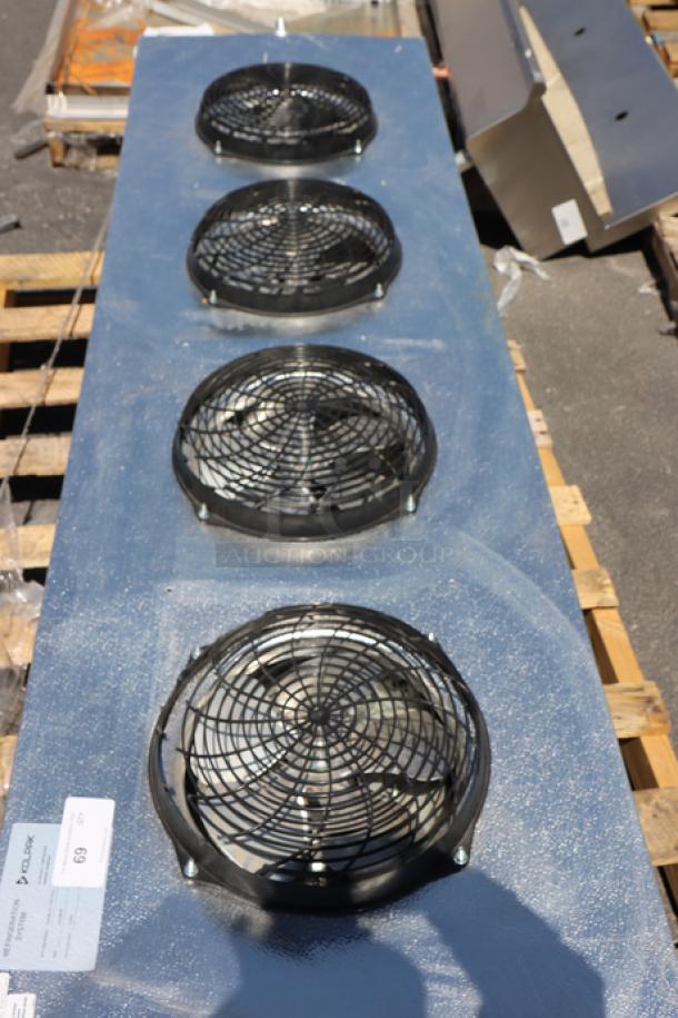 Kol-Pak AM46-141-1EC-PR-8 evaporator assembly, brand new, 115V, 1A, 60Hz. Minor denting, damaged fan covers visible.