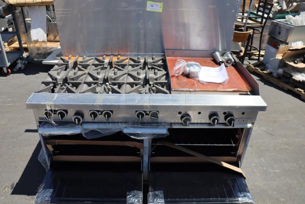 Brand new Garland G60-6G24RR gas range, 6 burners, 24" griddle, 2 ovens, 310,000 BTU. Minor scratches, sturdy construction.