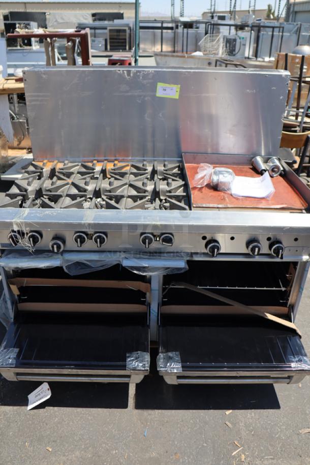 Brand new Garland G60-6G24RR 60" range, 6 burners, 24" griddle, 2 ovens, 310,000 BTU, natural gas, scratch-n-dent condition.
