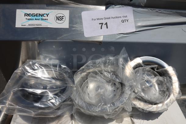 Regency 600S31620C stainless steel corner sink, 3 compartments, drainboards, brand new, labeled with NSF certification.