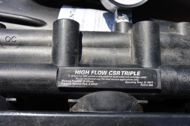 NEW Everpure EV9328-06 High Flow CSR Triple-MC2 Water Filtration System, 0.5 Micron, 5 GPM, pre-filter, label details shown.