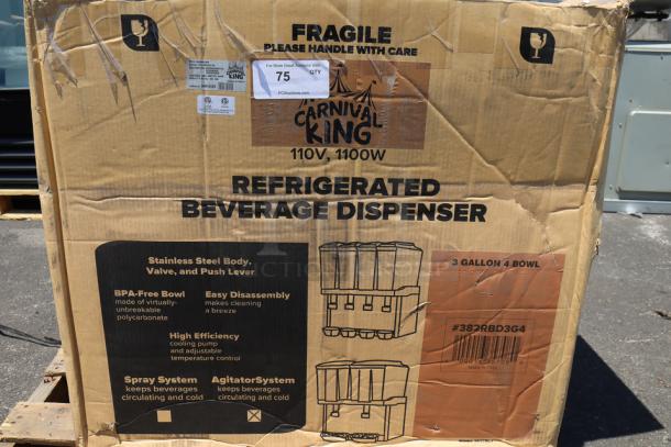 Carnival King RBD3G4 Quadruple 3 Gallon Bowl Beverage Dispenser in original packaging; box damaged, may miss parts.