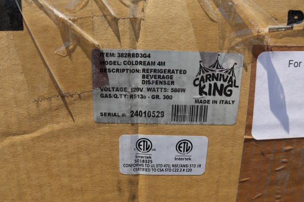 Carnival King RBD3G4 refrigerated beverage dispenser packaging with label showing model, voltage, and serial number 24010529. Packaging damaged.