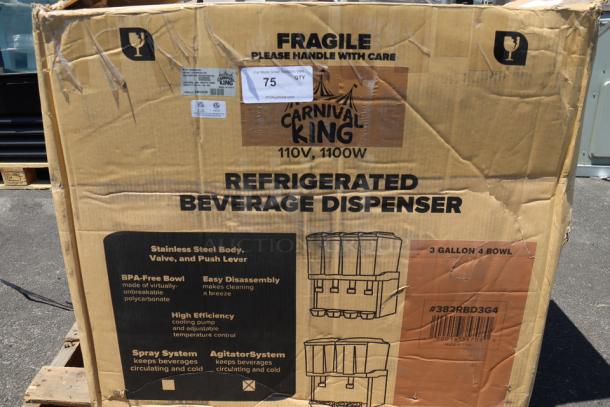 Carnival King RBD3G4 beverage dispenser in damaged packaging. New, original box shows model and features. S/N: 24010529.