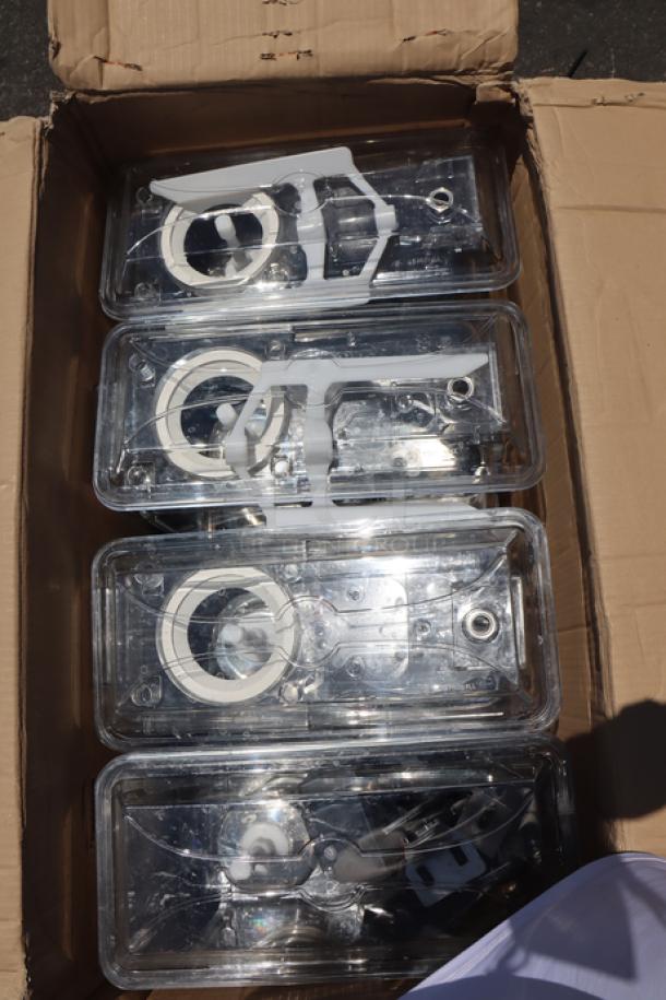Carnival King RBD3G4 quadruple 3-gallon beverage dispenser in original damaged packaging. Serial: 24010529. Potential missing parts.