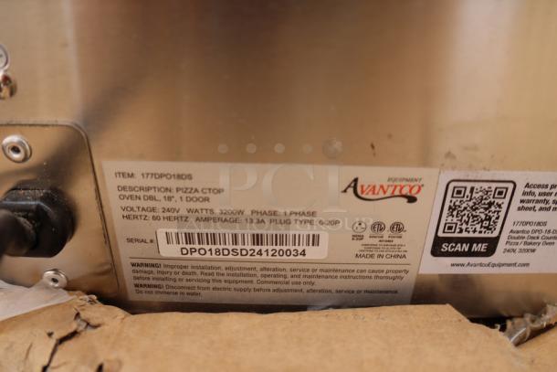 Avantco DPO-18-DS Double Deck Pizza Oven label; 3200W, 240V, serial DPO18DSD24120034, missing upper left handle.