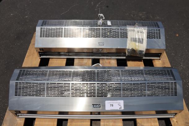 Brand new Lavex 42" stainless steel air curtain, model 687BFM1510SS, with plunger door switch, displayed out of packaging on a pallet.