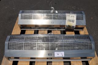 Brand new Lavex 42" stainless steel air curtain, model 687BFM1510SS, with plunger door switch, displayed out of packaging on a pallet.