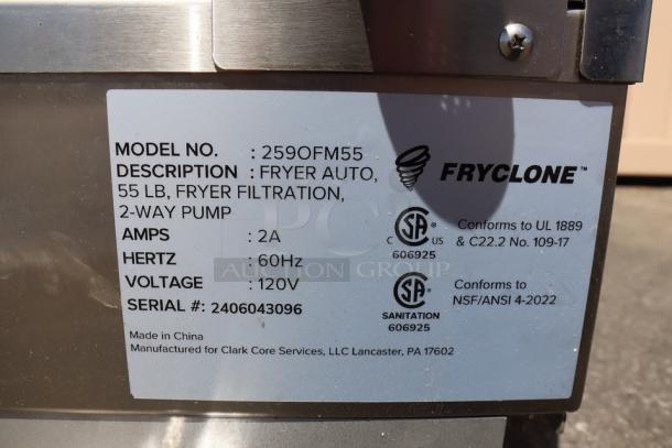 Fryclone 259OFM55 fryer oil filter machine, new, 55 lb capacity, 2-way pump, 120V. Serial No. 2406043096, out of packaging.