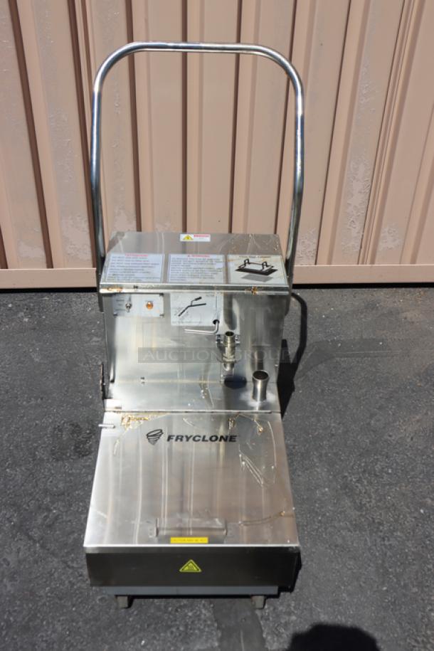 Brand new Fryclone 259OFM55 portable fryer oil filter machine, 55 lb. capacity, 2-way pump, food grade oil residue visible.