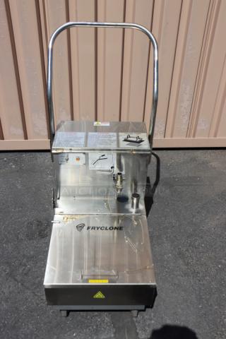 BRAND NEW! Fryclone 259OFM55 55 lb. Low-Profile Portable Fryer Oil Filter Machine with 2-Way Pump - 120V. S/N: 2406043096 Unit is out of original packaging. Unit has food grade oil on it. - Item #1198351