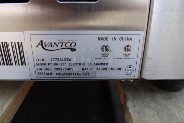 Avantco 23" Electric Salamander, model 177SAL23M, 208/240V, 3450/4000W, S/N CK-240911R-637, new condition, made in China.