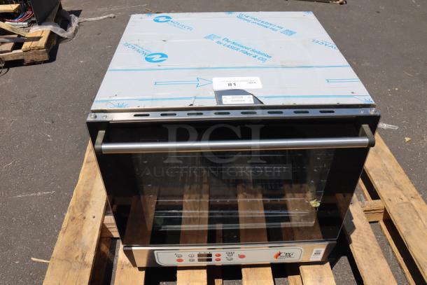 Brand new Cooking Performance Group COH-D4-M half-size convection oven. Scratch-n-dent condition. 4 trays, moisture injection, digital controls. Serial: 00K4618964.