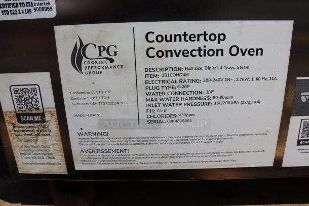 Cooking Performance Group COH-D4-M half-size convection oven label, featuring digital controls, 4 trays, moisture injection, 2700W.