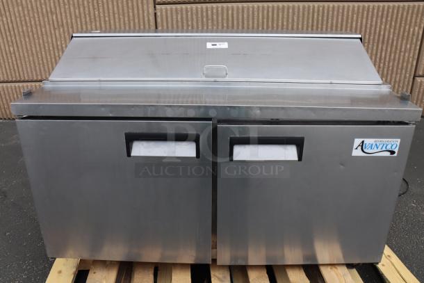 Avantco APT-60-HC 60" refrigerated sandwich prep table with two doors, stainless steel finish, and brand logo visible.