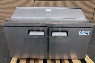 Avantco APT-60-HC 60" refrigerated sandwich prep table with two doors, stainless steel finish, and brand logo visible.
