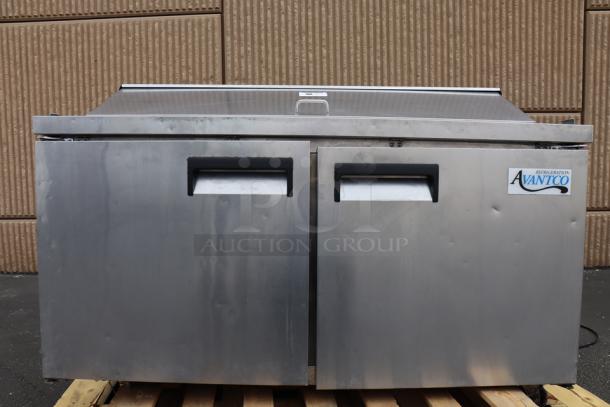 Avantco APT-60-HC 60" 2 Door Refrigerated Sandwich Prep Table, stainless steel, 115V, visible wear, S/N: 49CP94580.