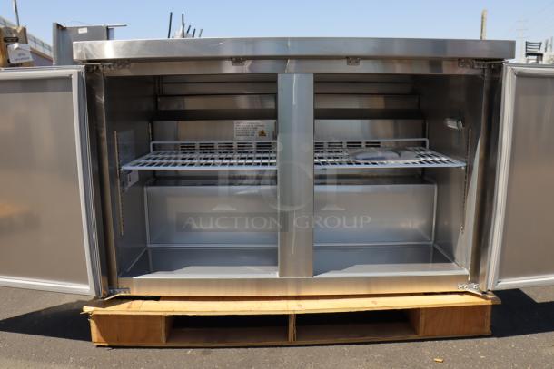 Brand new Avantco SS-UC-48R-HC 48" undercounter refrigerator, scratch-n-dent, open doors, interior shelves visible.