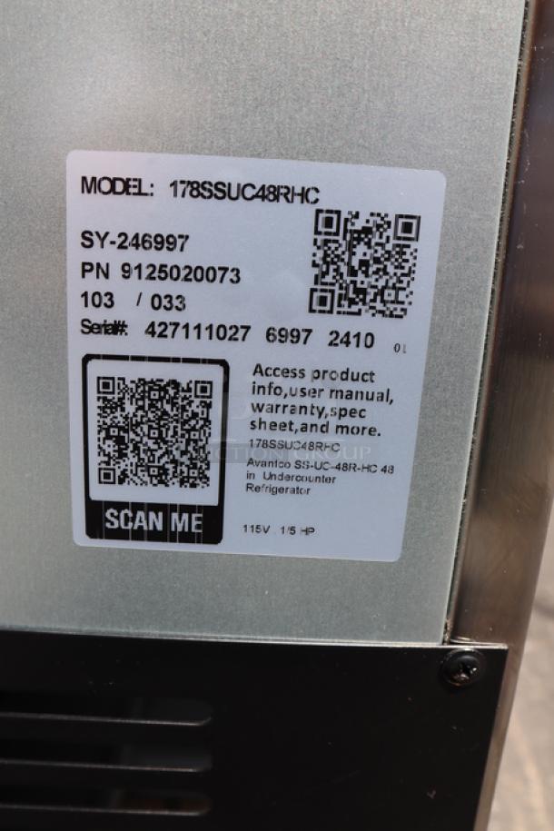 Avantco SS-UC-48R-HC undercounter refrigerator label, showing model, serial number 427111027, and product information QR codes.