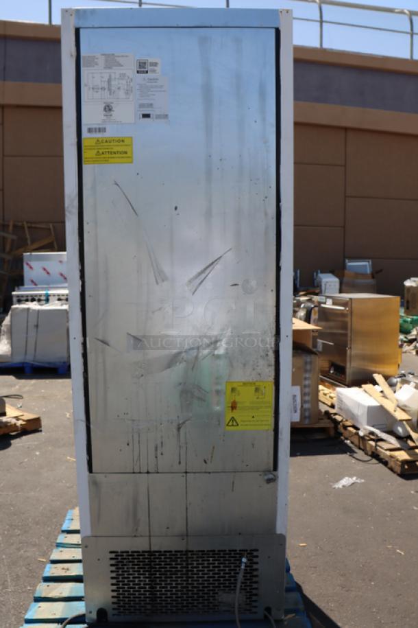 Brand new Avantco WVAC-28HC 28" white refrigerated air curtain merchandiser, rear view, showing minor cosmetic scratches.