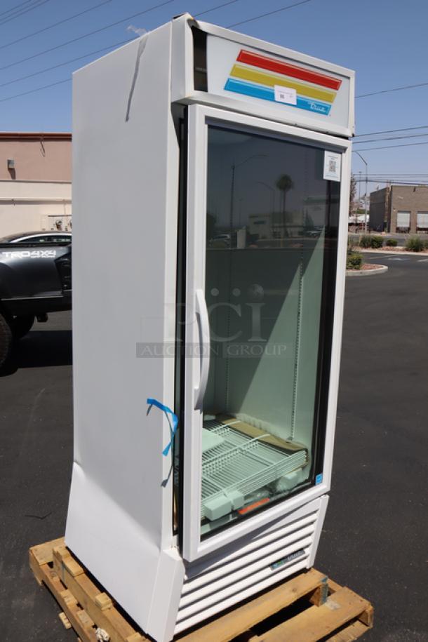 Brand new True GDM-26-HC~TSL01 30" white refrigerated merchandiser with glass door and LED lighting; frame bent.