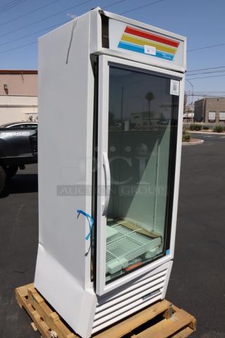 Brand new True GDM-26-HC~TSL01 30" white refrigerated merchandiser with glass door and LED lighting; frame bent.