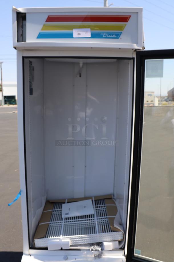 Brand new True GDM-26-HC~TSL01 refrigerated merchandiser with LED lighting, 30", white, bent frame, scratch-n-dent.