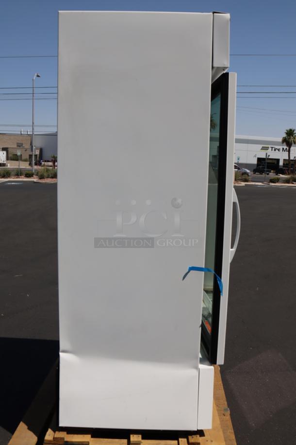 Brand new True GDM-26-HC~TSL01, 30" white refrigerated glass door merchandiser, LED lighting, frame bent.