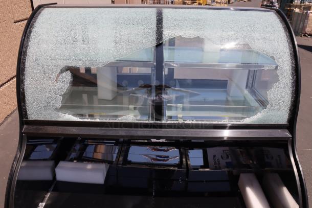 Avantco CAC-48 black refrigerated merchandiser, model 193CAC48B, with broken curved glass, scratch-and-dent condition.
