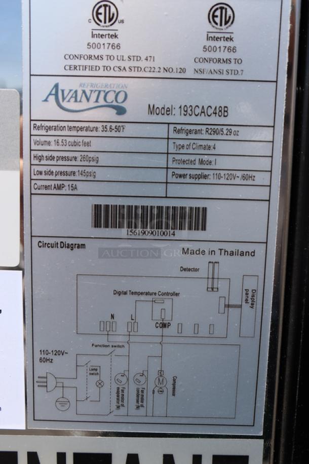 Avantco CAC-48 refrigerated air curtain merchandiser, model 193CAC48B, 47" black, broken glass, working order, serial 1561909010014.
