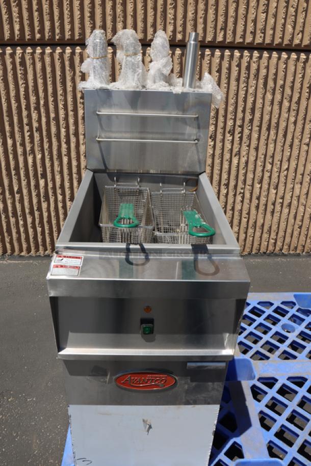 Brand new Avantco EF40-208-3 electric floor fryer, 40 lb. capacity, 208V, 3 phase, model 177EF40C, stainless steel.