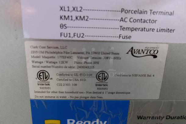 Brand new Avantco EF40-208-3 40 lb. electric floor fryer, 208V, 3 phase, model 177EF40C, S/N: 2406043205, ETL certified.