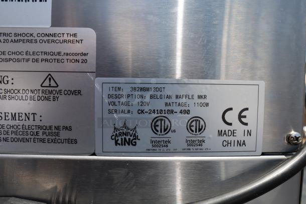 Carnival King WBM13DGT Belgian Waffle Maker, non-stick, digital controls, 120V, 1100W. Serial: CK-241010R-490. Made in China.