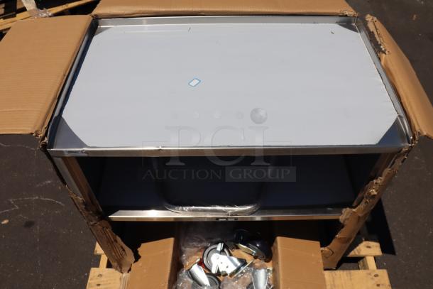 Regency 600CT3S1830E utility cart, 18"x30", 304 stainless steel, enclosed base, open front, new, damaged packaging.