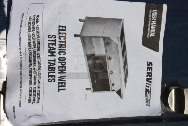 ServIt Five Pan Electric Steam Table, model 423EST5WOPB, serial number 2024080510025, new with scratches and dents. Manual visible.