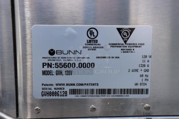 Brand new Bunn 55600.0100 GVH-1 stainless steel coffee grinder. UL certified, 120V, 1 lb capacity, S/N: GVH0006128.