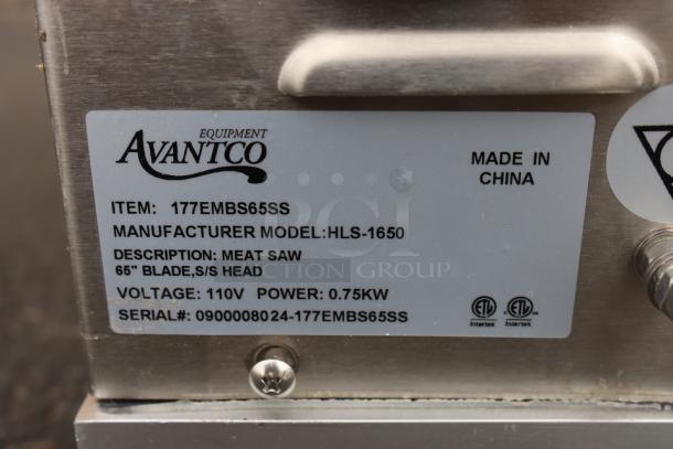 Avantco EMBS65SS meat saw label showing model, 65" blade, 1hp, 120V, scratch-n-dent condition, made in China.