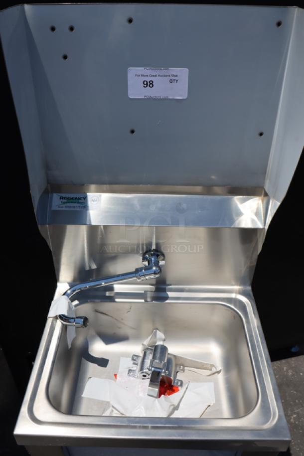 Regency 600HS17FPB hands-free hand sink with pedestal base, brand new, minor scratches and dents visible, label intact.
