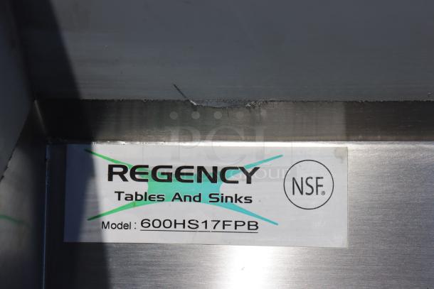 Regency 600HS17FPB hand sink label, stainless steel, scratch-n-dent condition, NSF certified.
